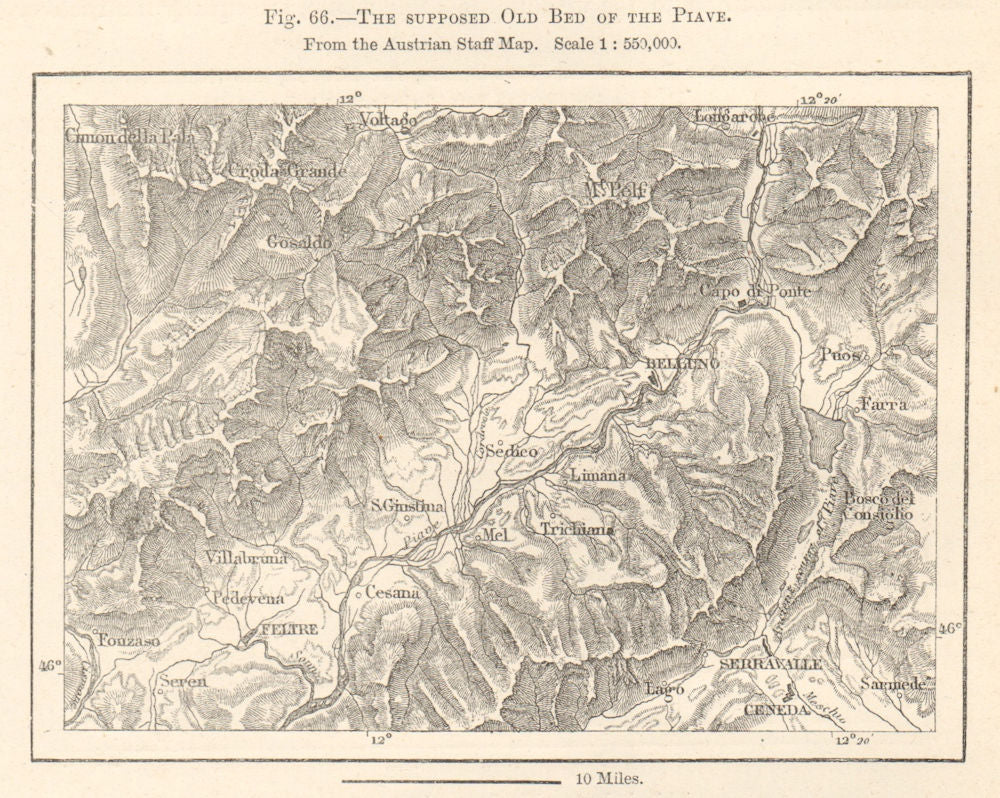 The supposed old bed of the Piave river. Belluno. Italy sketch map 1885